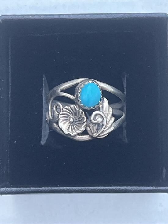 Native American Jewelry - Vintage Southwestern Sterling Silver Turquoise Ring Signed Size 7